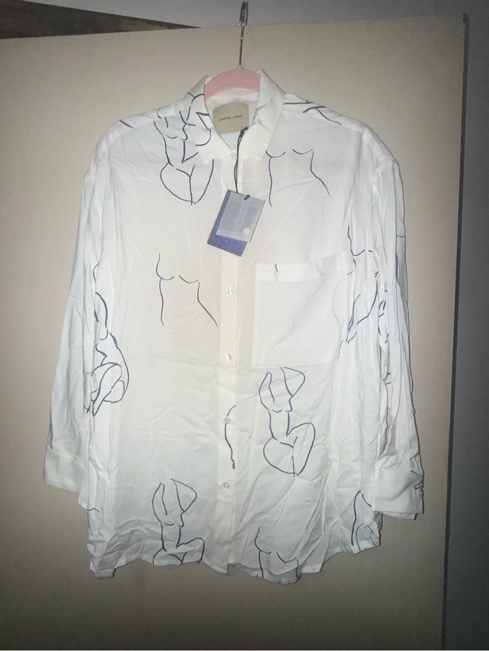 NWT PALOMA WOOL WOMENS LEANDRA BUTTON-UP BLOUSE, SIZE OS (MEDIUM), WHITE/BLUE - Picture 1 of 14